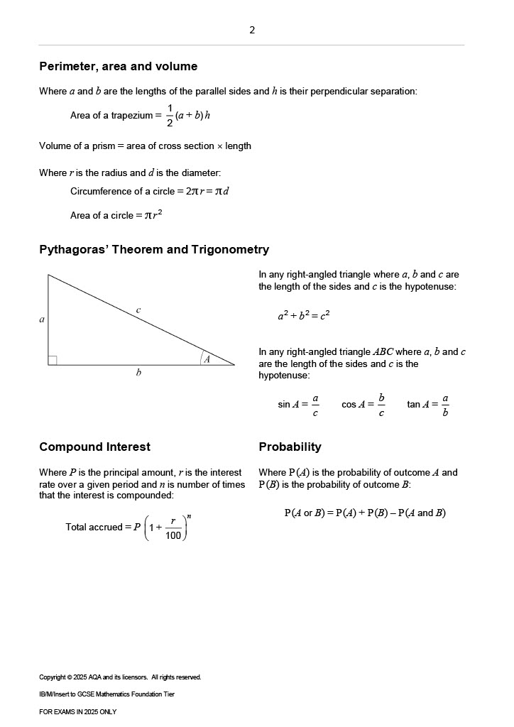 AQA Foundation Formula Sheet