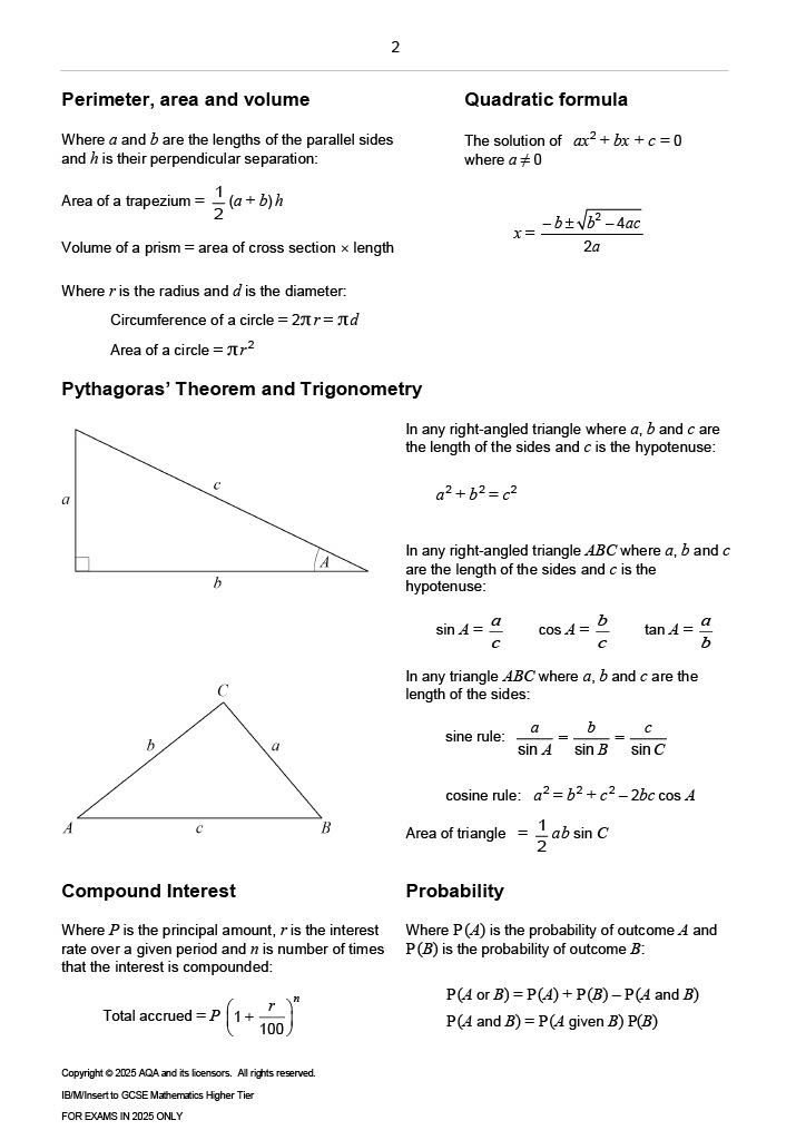 AQA Higher Formula Sheet
