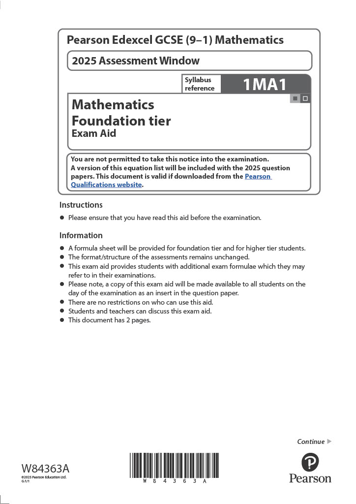 Edexcel Foundation Formula Sheet